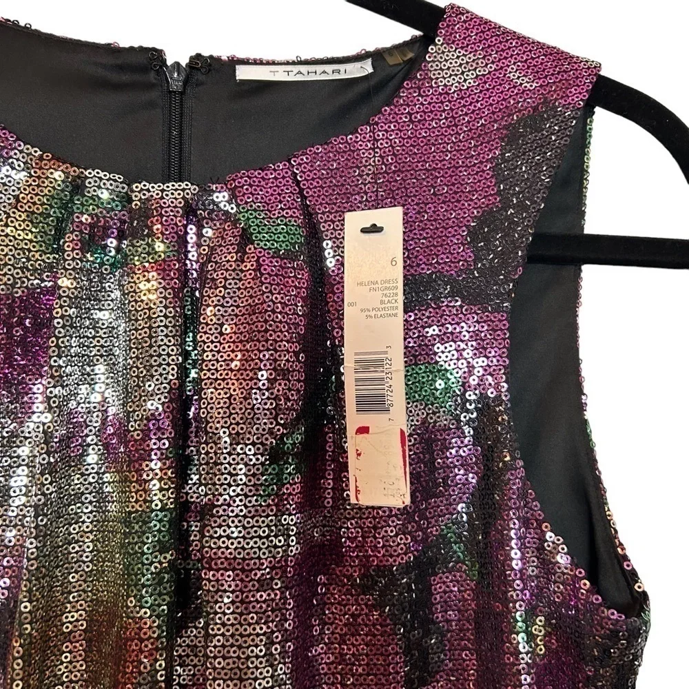 T Tahari Helena Black/Multi Color Floral Sequin Sleeveless Pleated Collar Dress - Picture 11 of 16